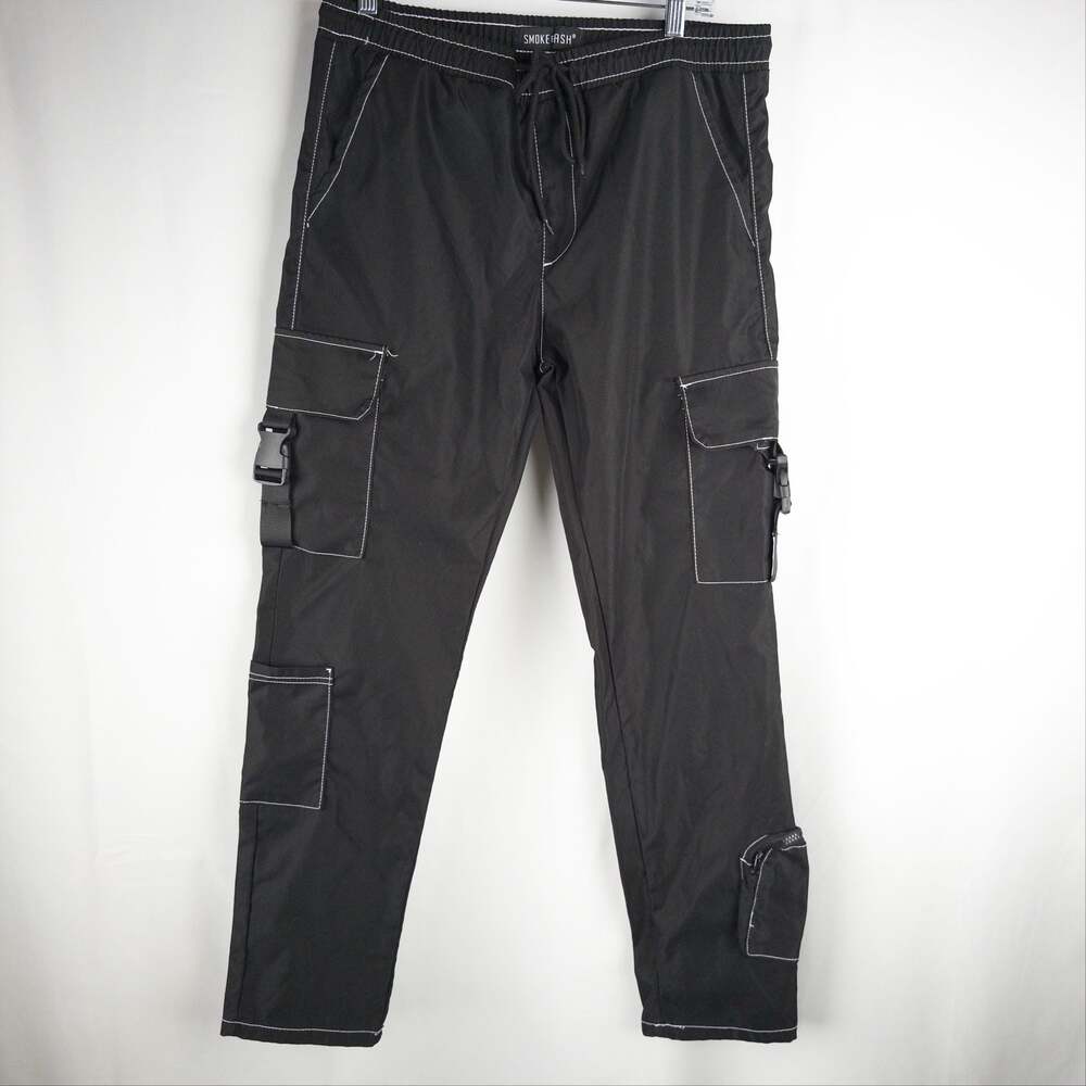 Smoke & Ash Contrast Stitch Black Utility Cargo Pants with Buckle Detail